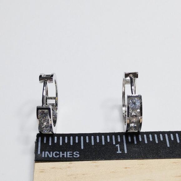 Silver 925 Hoop Post Earrings, Clear Rhinestones, 3/4 Inch - Picture 9 of 10